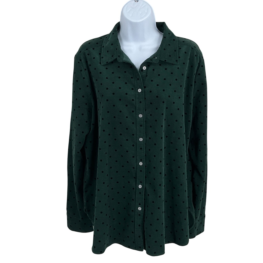 LOFT Button Down Shirt Womens‎ L Green Cotton Corduroy Polka Dot Long Sleeve NEW